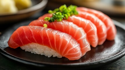 Tuna sushi on black plate