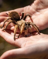 Tarantula in Human Hands: A large tarantula sits calmly in human hands, emphasizing the contrast between wild nature and human interaction.