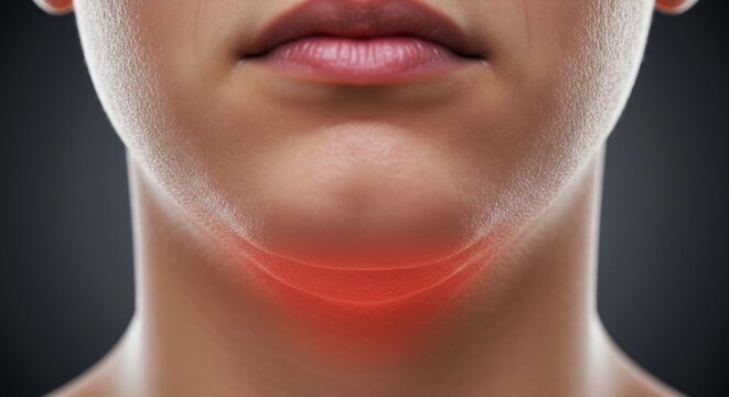  Close-up View of a Woman's Neck with a Red Highlight Indicating Pain or Inflammation in the Submental Area, Possibly Due to Lymphadenitis, Thyroid Issues, or Other Medical Conditions.