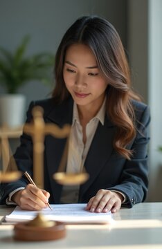 Asian woman lawyer signs legal document. Scales of justice on desk. Female attorney ensures compliance. Businesswoman reviews contract in office. Law firm professional consults agreement.
