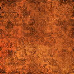 Vintage burnt orange damask texture background with ornate floral pattern and distressed antique surface. Warm elegant wallpaper style ideal for luxury design, retro themes, and decorative backdrops. © MedReda