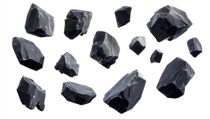 Dark gray rocks scattered, various shapes and sizes
