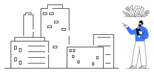Businessman in formal wear with clipboard gestures toward city buildings adorned with a flower. Ideal for urban planning, corporate concepts, sustainability, presentations, eco-friendly innovation