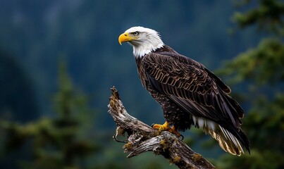 Obraz premium Majestic bald eagle perched atop a weathered branch, overlooking a misty forest backdrop