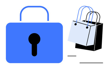 Large blue padlock signifying security next to two shopping bags, representing e-commerce and consumer safety. Ideal for themes online security, data protection, e-commerce, consumer confidence