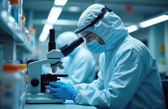 Medical scientist in hazmat suit examines samples under microscope in lab. Researcher uses advanced tech for healthcare research, pharmaceutical development during pandemic. Man wears mask, gloves