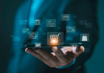 Digital marketing and financial. Pressing on cart while online shopping. Marketing suppliers offer discounts, free shipping, and delivery 24 hours a day. Marketplace platform digital marketing.