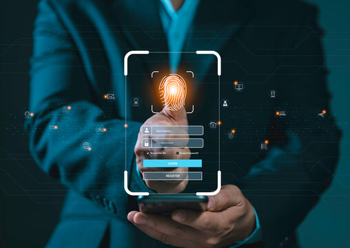 Thumbs up with virtual fingerprint to scan biometric identity and access password to login. Login to the secure by fingerprint scan to access protected network data or information on a smart phone.