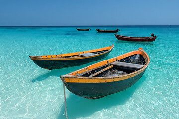 Fototapeta premium Colorful wooden boats floating in clear turquoise waters under a bright blue sky, serene beach scene