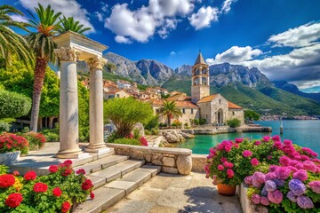 Naklejka premium Makarska, Croatia: Idyllic Summer Landscape with St. Peter's Church & Limestone Pillars