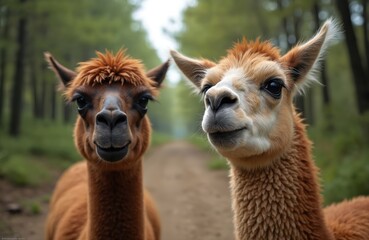 Obraz premium Funny amusing view of two llamas making faces in forest. Natural animal habitat, humor portrait. Happy mammal, companionship, joy, happiness, adventure in nature. Furry friends explore green