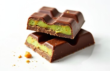 Dubai chocolate bar cut in half stacked on white background. Cocoa dessert block with pistachio cream filling. Sweet, tasty brown chocolate snack, sweet treat, top view. Confectionery product demo.