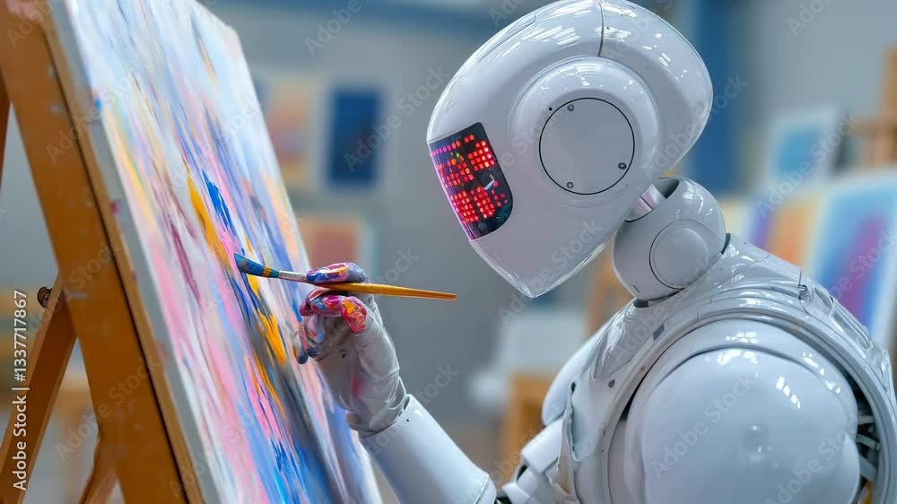 Poster robotic artist transforms creative boundaries. humanoid explores artistic expression through precise
