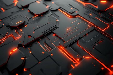 Fototapeta premium Futuristic black surface with glowing orange illuminated circuits