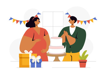 Baby Shower Vector Illustration Featuring a Couple Celebrating the Arrival of a Little Boy or Girl with Cake, Decorations, and Gifts in a Background