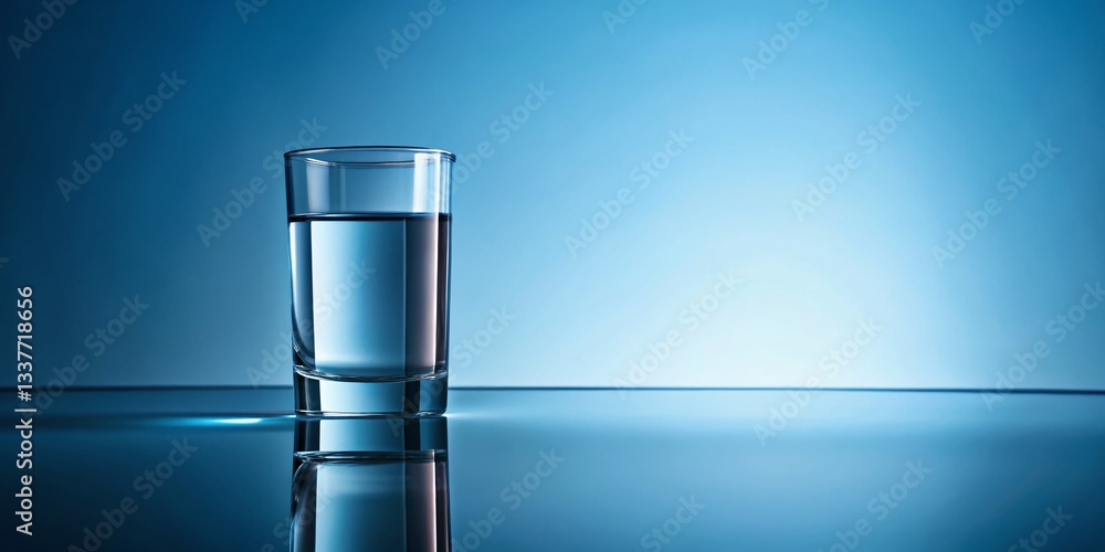 Poster mesmerizing water reflection: glass of water on reflective surface with copy space for design or tex