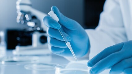 Fototapeta premium Close-up of a lab technician in blue gloves using a pipette with a petri dish during scientific research.