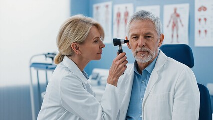 Mature man receives ear examination from a female doctor with an otoscope in a medical clinic.