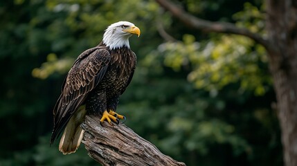 Obraz premium Majestic Bald Eagle perched on a weathered log, observing its surroundings. Detailed view of the eagle's plumage, talons, and beak. Natural habitat with blurred background of lush forest
