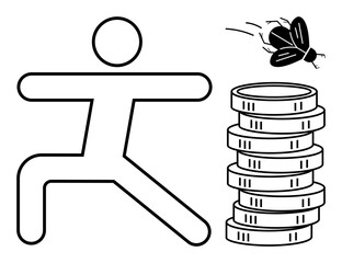 Outline of a stick figure in action near a coin stack and a flying insect. Ideal for concepts of effort, money, growth, challenge, aspiration, risk, and simplicity. Flat simple metaphor