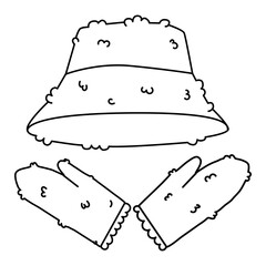 Set of fur panama and fur mittens. Flat vector line illustration in black color, eps10