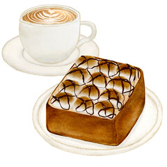 水彩で描いたマシュマロトースト　食パン　コーヒー