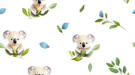Fototapeta premium Cute koalas surrounded by green leaves create playful and cheerful seamless pattern, perfect for wildlife themes