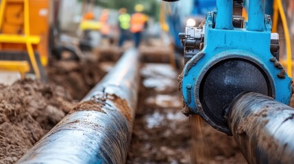 Heavy Machinery at Pipeline Construction Site with Workers Nearby