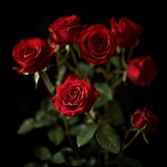 Fototapeta premium A dramatic close-up of fresh, red roses with dark green leaves, against a dark background, emphasizing the vibrant petals.
