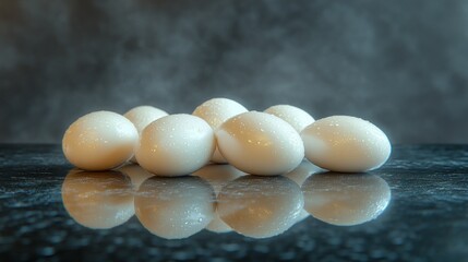 Group of white eggs resting on a reflective dark surface with water droplets
