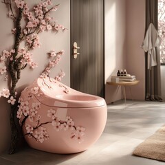 Pink blossom toilet, elegant design.  Cherry blossom motif decorates a modern, pink, bowl-shaped toilet, nestled against a wall adorned with cherry blossom branches. 