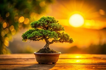 Miniature Bonsai Tree Silhouette Sunset Sunbeam Golden Hour Food Photography