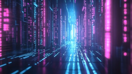 Futuristic Neon City Corridor Pink and Blue Glowing Lines, Abstract Digital Art