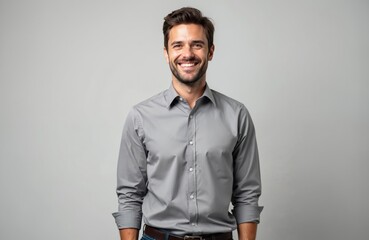 Handsome unshaved man portrait, smiling face looking at camera against gray background. Confident guy in gray shirt. Successful, happy, positive businessman, employee, pro. Promotion, advertising
