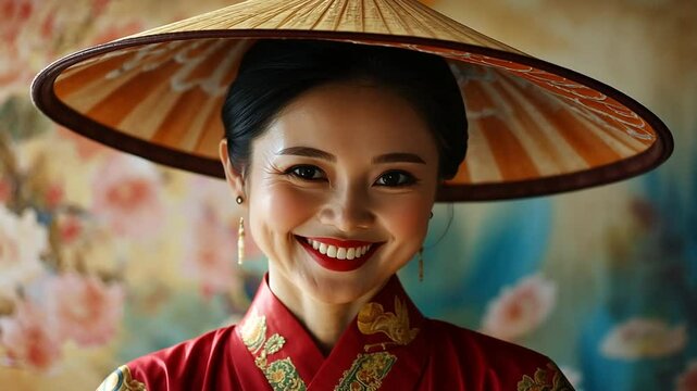 Smiling Asian woman in traditional Vietnamese conical hat and red dress, against a backdrop of floral patterns