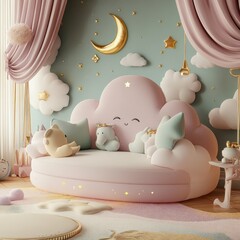 Adorable cloud-shaped children's sofa, perfect for a whimsical playroom.  Soft pink upholstery, accented with pastel colors, and charming animal plush friends, creating a dreamy atmosphere.  