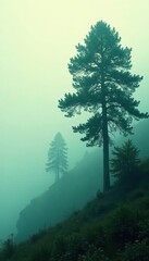 Fototapeta premium Towering dark green tree silhouettes against a foggy backdrop , nature, nature photography