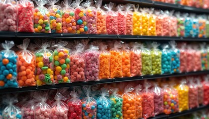 Shelves full of rainbow colored candies in transparent bags. Multi-colored sweets assortment in retail store. Sugary confectionery shop. Bright candies organised in bulk rows. Good sweet edible