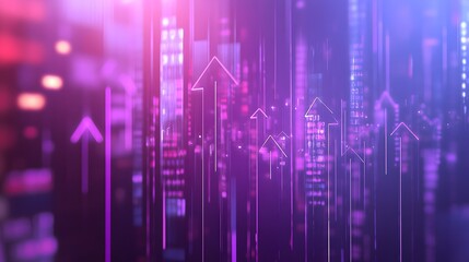 Fototapeta premium Glowing Purple and Pink Arrows Rising in a Blurred Cityscape