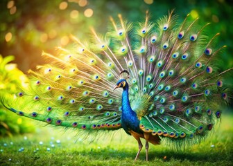 Obraz premium Miniature Male Peacock Displaying Vibrant Tail Feathers - Tilt-Shift Photography