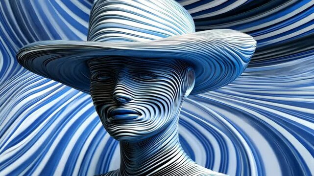 Stylized blue and white figure wearing a cowboy hat with swirling background patterns
