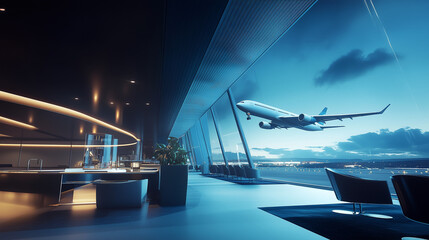 モダンで豪華な空港ラウンジのパース・インテリアイメージ。広いラウンジのガラス越しに離陸する旅客機。