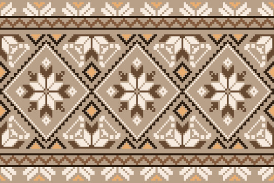 Floral pixel art pattern.Ikat embroidery Ethnic oriental Pixel pattern red christmas day background.carpet,wallpaper,clothing,wrapping,Batik,fabric,Vector illustration.floral samless pattern,abstract