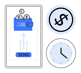 Mobile interface featuring digital wallet with euro, bitcoin, and dollar coins above, send button, arrows showcasing transaction, currency exchange, clock symbol, and finance icon. Ideal for online