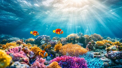 Obraz premium Underwater scene depicting colorful coral reef and fish species swimming freely