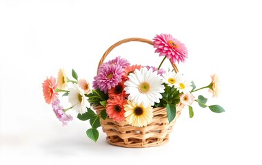 Obraz premium Beutiful of flowers in wooden basket, Spring weather Season, White background