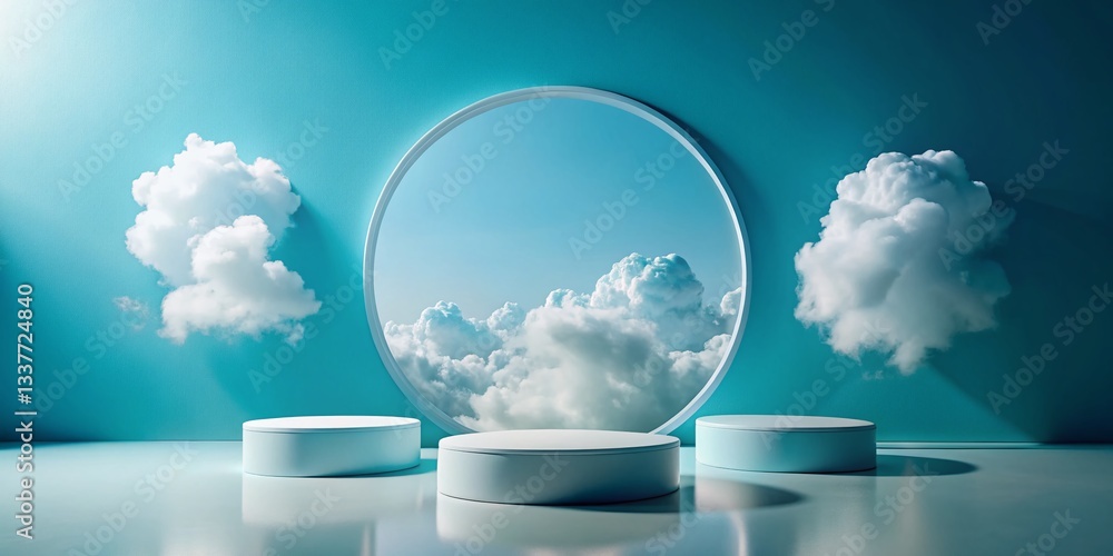 Poster minimalist 3d render: empty circle mockup with floating clouds on blue background, product display, 