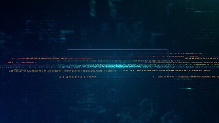 Abstract dark blue digital matrix background with distorted and fragmented text lines.