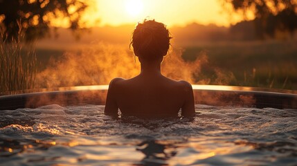 Woman in hot tub at golden sunrise