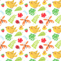 Colorful summer seamless pattern, summertime, bird, butterfly, leaves, flowers, strawberry, flat style vector background